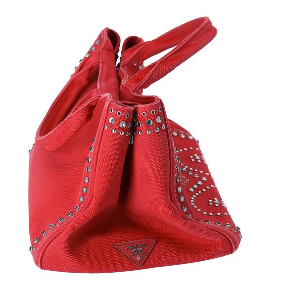 PRADA Canapa Tote Bag BN2642 Red Canvas Red Stones - Picture 5 of 8